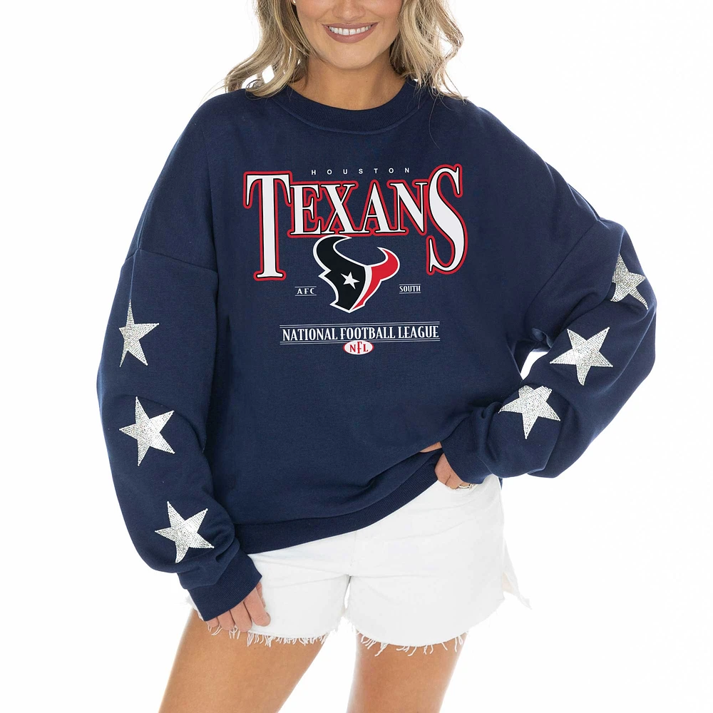Women's Gameday Couture Navy Houston Texans Rhinestone Star Sleeve Settle the Score Oversized Tri-Blend Pullover