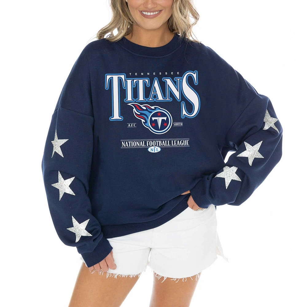 Women's Gameday Couture Navy Tennessee Titans Rhinestone Star Sleeve Settle the Score Oversized Tri-Blend Pullover