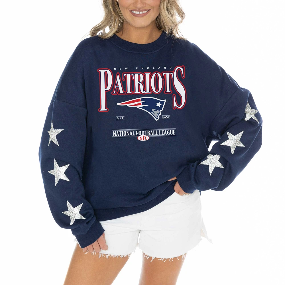 Women's Gameday Couture Navy New England Patriots Rhinestone Star Sleeve Settle the Score Oversized Tri-Blend Pullover
