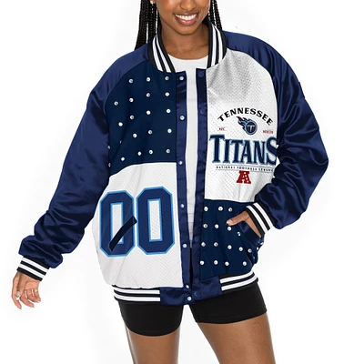 Women's Gameday Couture Navy/White Tennessee Titans Oversized Hot Shot Rhinestone Throwback Full-Snap Varsity Bomber Jacket