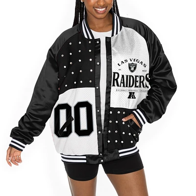Women's Gameday Couture Black/White Las Vegas Raiders Oversized Hot Shot Rhinestone Throwback Full-Snap Varsity Bomber Jacket