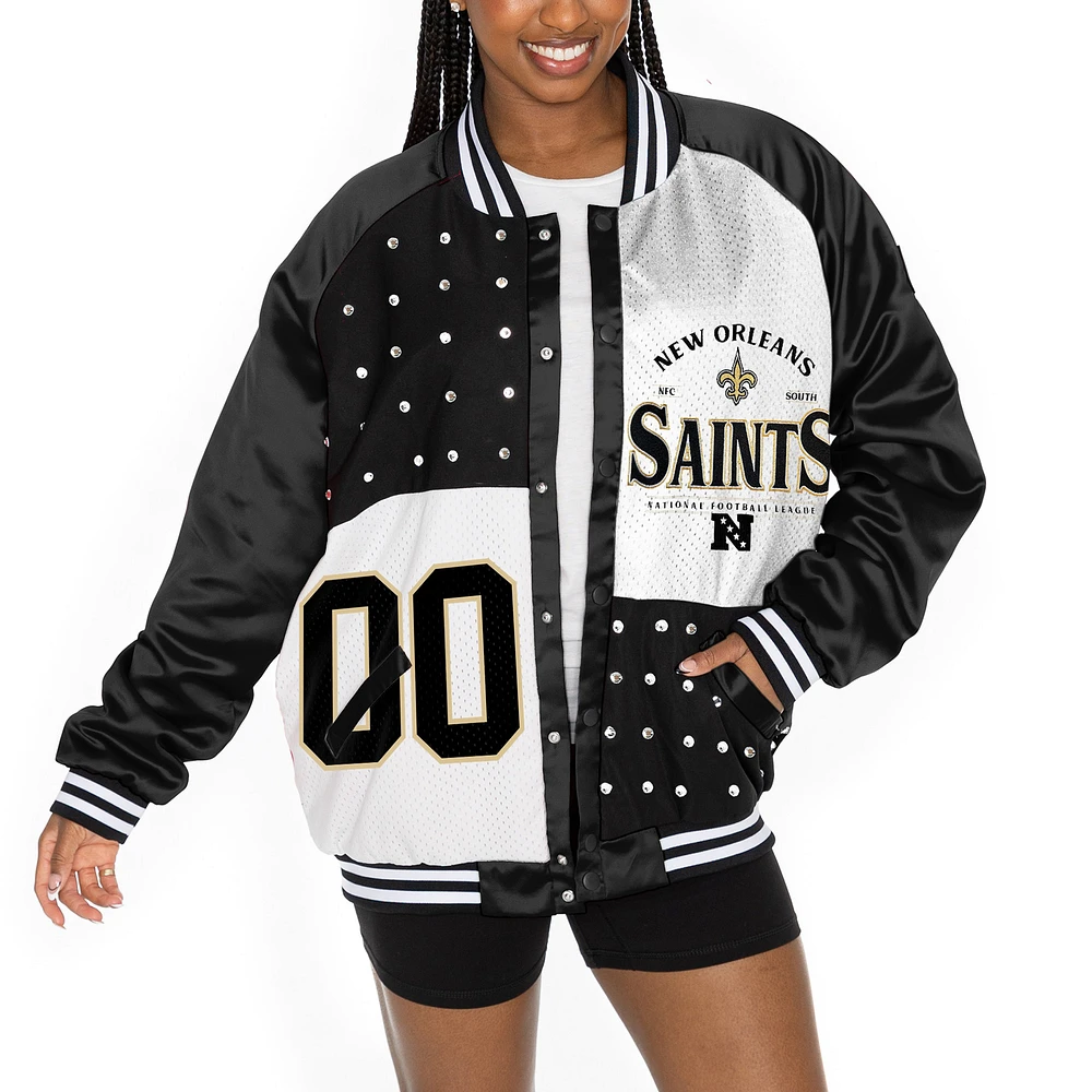 Women's Gameday Couture Black/White New Orleans Saints Oversized Hot Shot Rhinestone Throwback Full-Snap Varsity Bomber Jacket