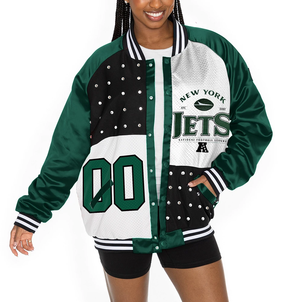 Women's Gameday Couture Green/White New York Jets Oversized Hot Shot Rhinestone Throwback Full-Snap Varsity Bomber Jacket