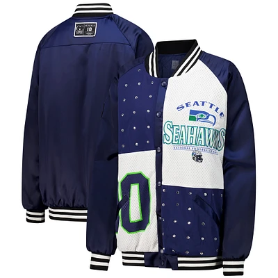 Women's Gameday Couture College Navy/White Seattle Seahawks Oversized Hot Shot Rhinestone Throwback Full-Snap Varsity Bomber Jacket