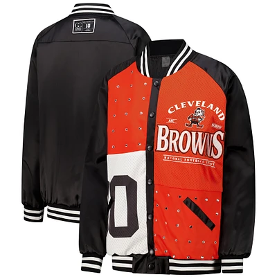 Women's Gameday Couture Black/Orange Cleveland Browns Oversized Hot Shot Rhinestone Throwback Full-Snap Varsity Bomber Jacket