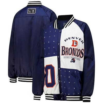 Women's Gameday Couture Navy/White Denver Broncos Oversized Hot Shot Rhinestone Throwback Full-Snap Varsity Bomber Jacket