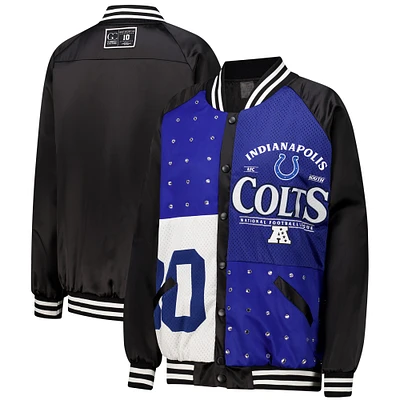 Women's Gameday Couture Black/Royal Indianapolis Colts Oversized Hot Shot Rhinestone Throwback Full-Snap Varsity Bomber Jacket