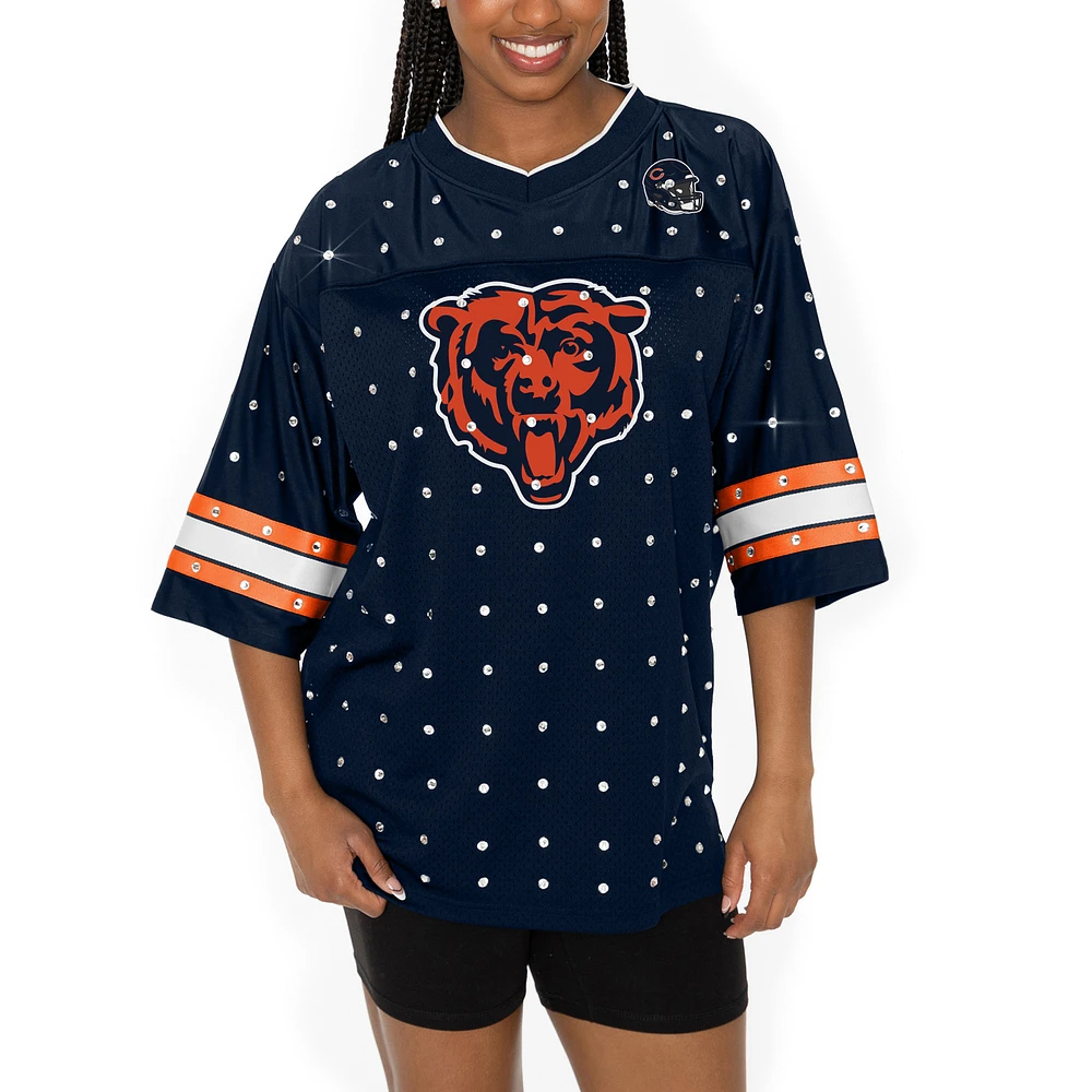 Women's Gameday Couture Navy Chicago Bears Kickoff Time Allover Rhinestone Sports Stripe Jersey V-Neck T-Shirt
