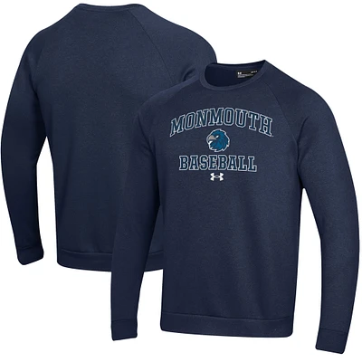 Men's Under Armour Navy Monmouth Hawks All Day Arch Fleece Baseball Raglan Pullover Sweatshirt
