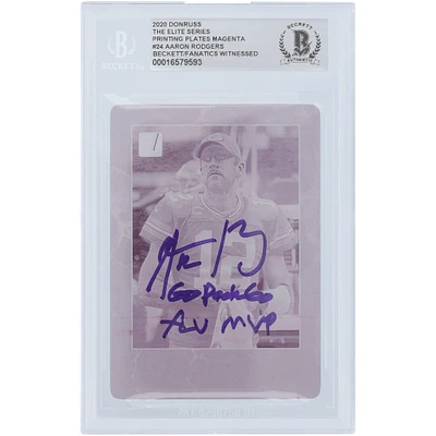 Aaron Rodgers Green Bay Packers Autographed 2020 Panini Donruss Magenta Printing Plate #24 #1/1 Beckett Fanatics Witnessed Authenticated Card with "Go Pack Go" and "XLV MVP" Inscriptions