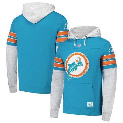 Men's '47 Aqua Miami Dolphins Throwback Double Header Blitz Cornerback Hoodie