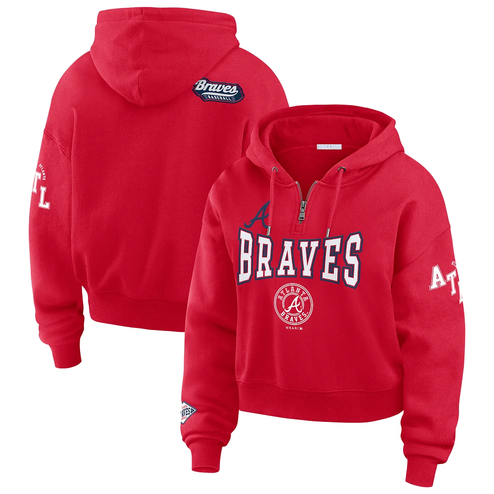 Women's WEAR by Erin Andrews Red Atlanta Braves Patch Quarter-Zip Hoodie