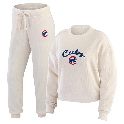 Women's WEAR by Erin Andrews Oatmeal Chicago Cubs Plus Rib-Knit Long Sleeve T-Shirt & Pants Lounge Set