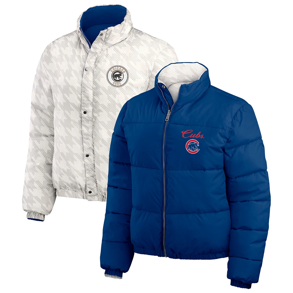 Women's WEAR by Erin Andrews Royal/White Chicago Cubs Reversible Cropped Full-Zip Puffer Jacket