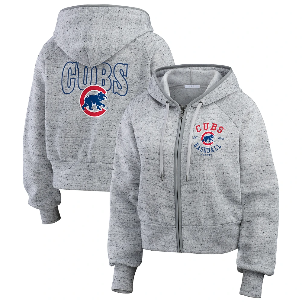 Women's WEAR by Erin Andrews Heather Gray Chicago Cubs Speckled Fleece Cropped Full-Zip Hoodie