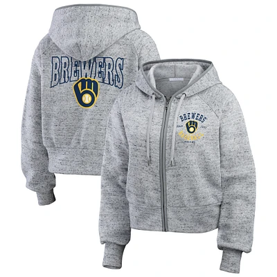 Women's WEAR by Erin Andrews Heather Gray Milwaukee Brewers Speckled Fleece Cropped Full-Zip Hoodie
