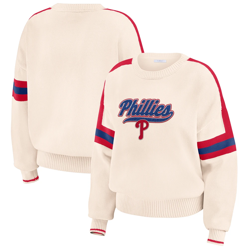Women's WEAR by Erin Andrews Cream Philadelphia Phillies Stripe Pullover Sweater