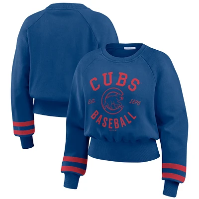 Women's WEAR by Erin Andrews Royal Chicago Cubs Vintage Washed Cropped Pullover Sweatshirt