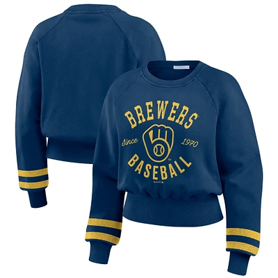 Women's WEAR by Erin Andrews Navy Milwaukee Brewers Vintage Washed Cropped Pullover Sweatshirt
