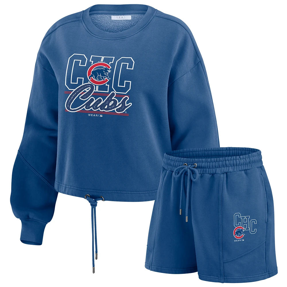 Women's WEAR by Erin Andrews Royal Chicago Cubs Washed Fleece Sweatshirt & Shorts Lounge Set