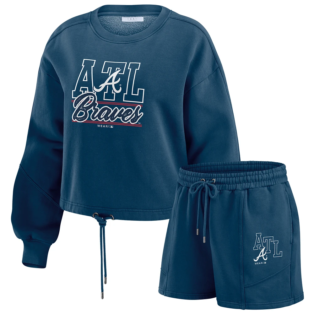 Women's WEAR by Erin Andrews Navy Atlanta Braves Washed Fleece Sweatshirt & Shorts Lounge Set