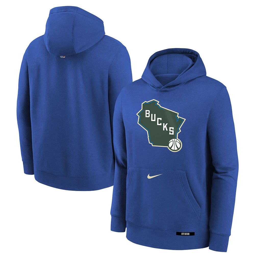 Youth Nike Royal Milwaukee Bucks 2024/25 City Edition Club Fleece Pullover Hoodie