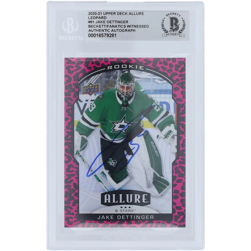 Jake Oettinger Dallas Stars Autographed 2020-21 Upper Deck Allure Leopard Case Hit #91 Beckett Fanatics Witnessed Authenticated Rookie Card