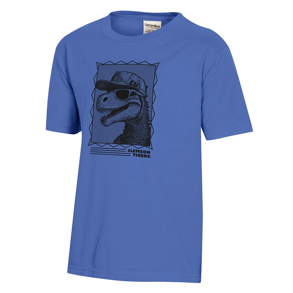 Youth ComfortWash Blue Clemson Tigers Dino Cap T-Shirt