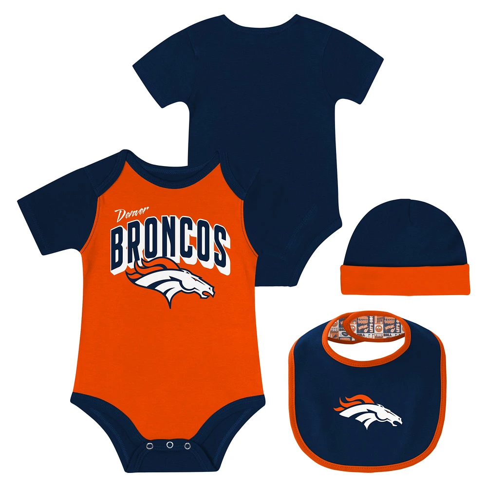 Newborn & Infant Denver Broncos Dynamic Duo Bodysuit, Bib & Knit Hat Set