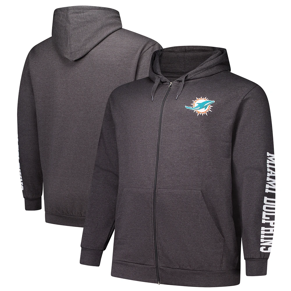 Men's Fanatics Heather Charcoal Miami Dolphins Big & Tall Full-Zip Hoodie