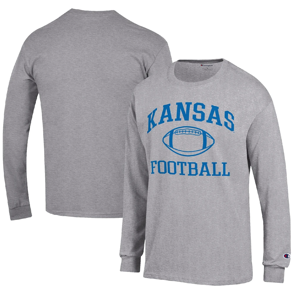 Men's Champion Heather Gray Kansas Jayhawks Football Icon Long Sleeve T-Shirt