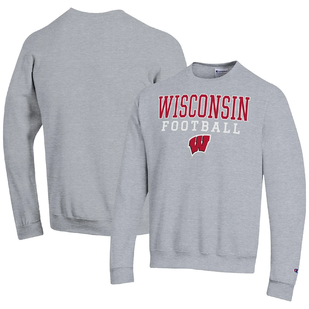 Men's Champion Heather Gray Wisconsin Badgers Football Stacked Pullover Sweatshirt