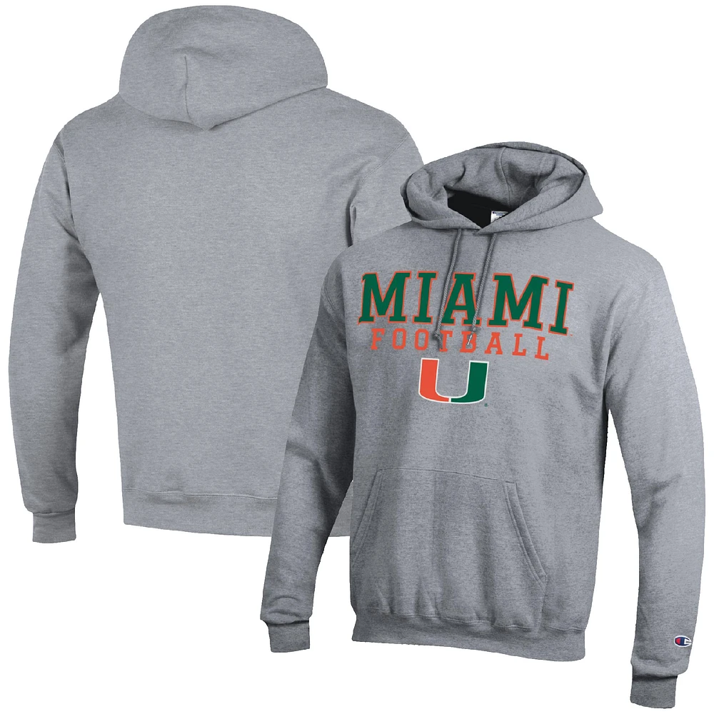 Men's Champion Heather Gray Miami Hurricanes Football Stack Pullover Hoodie