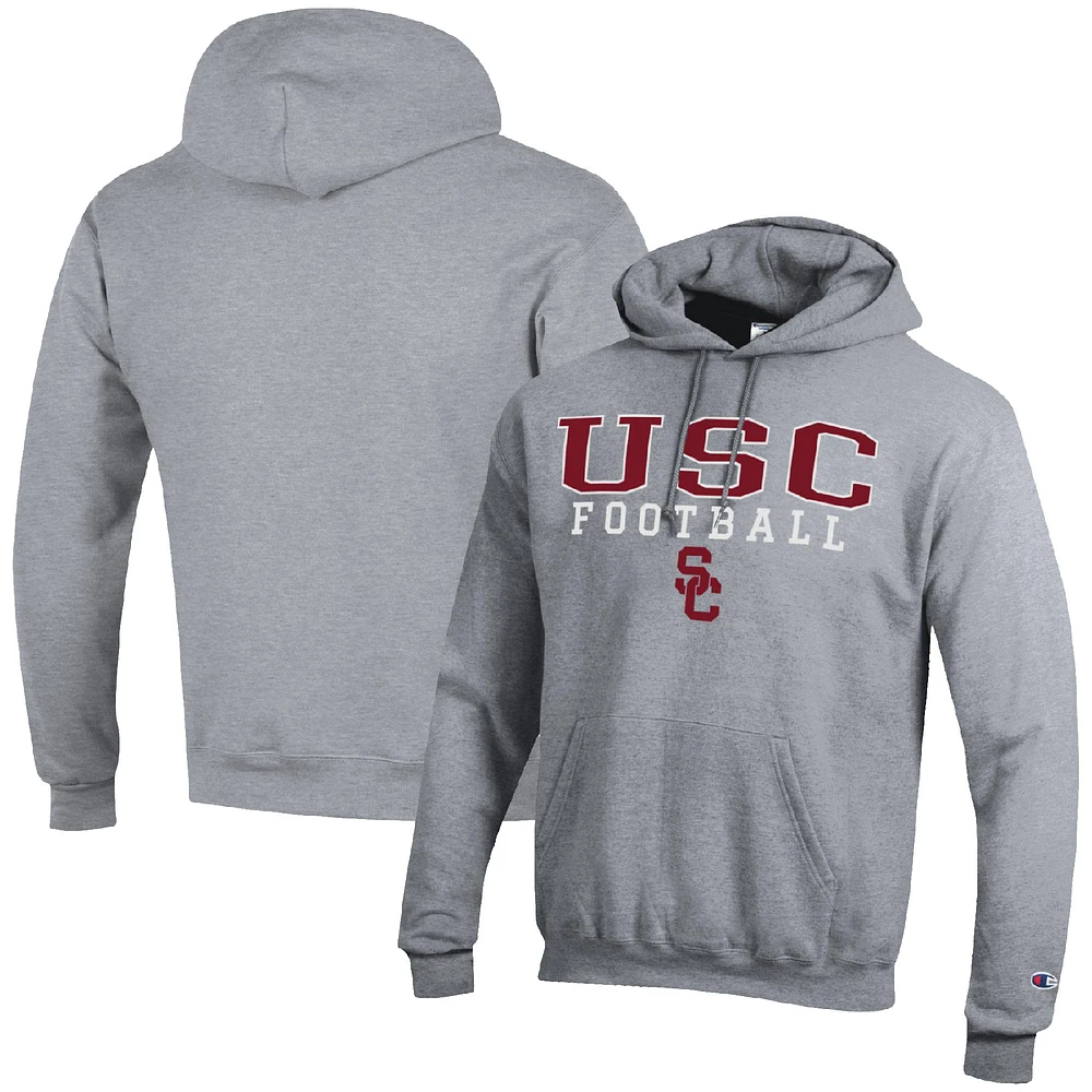 Men's Champion Heather Gray USC Trojans Football Stack Pullover Hoodie