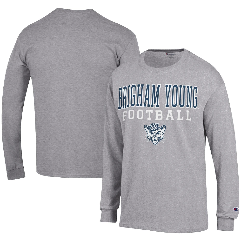 Men's Champion Heather Gray BYU Cougars Football Stack Long Sleeve T-Shirt