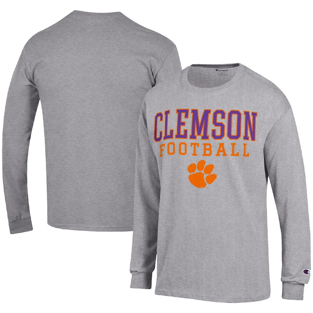 Men's Champion Heather Gray Clemson Tigers Football Stack Long Sleeve T-Shirt