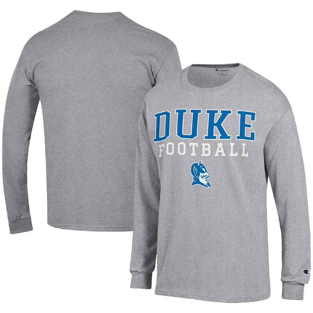 Men's Champion Heather Gray Duke Blue Devils Football Stack Long Sleeve T-Shirt