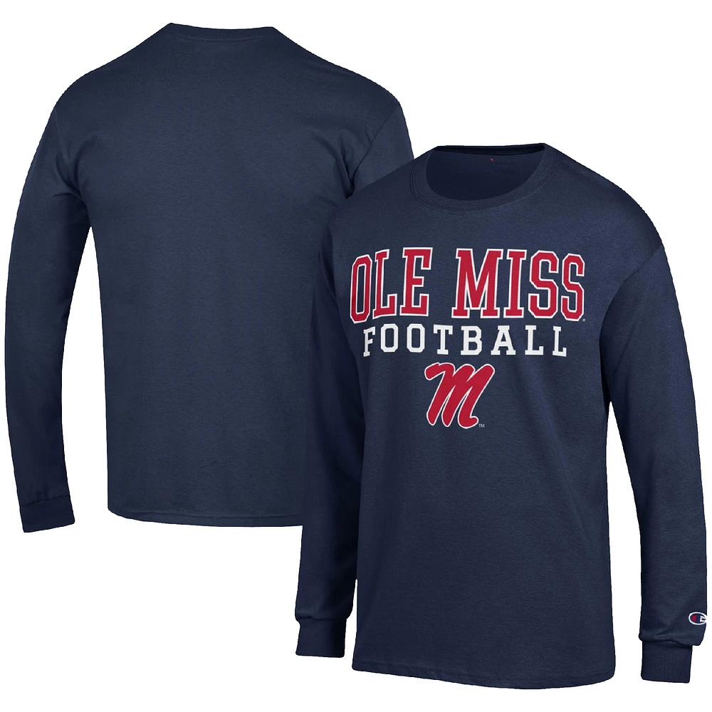 Men's Champion Navy Ole Miss Rebels Football Stack Long Sleeve T-Shirt