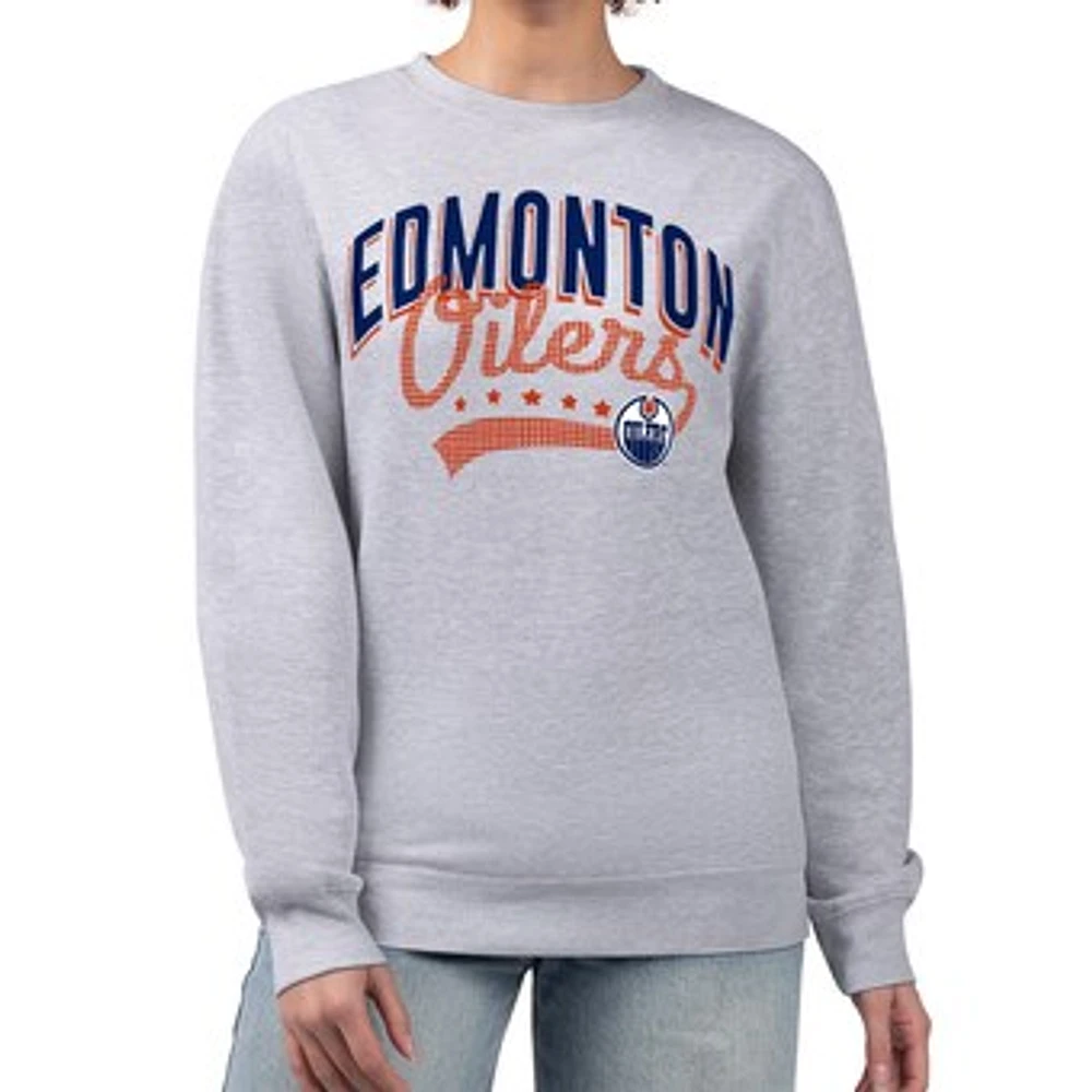 Women's G-III 4Her by Carl Banks Heather Gray Edmonton Oilers Filigree Team Graphic Fleece Pullover Sweatshirt
