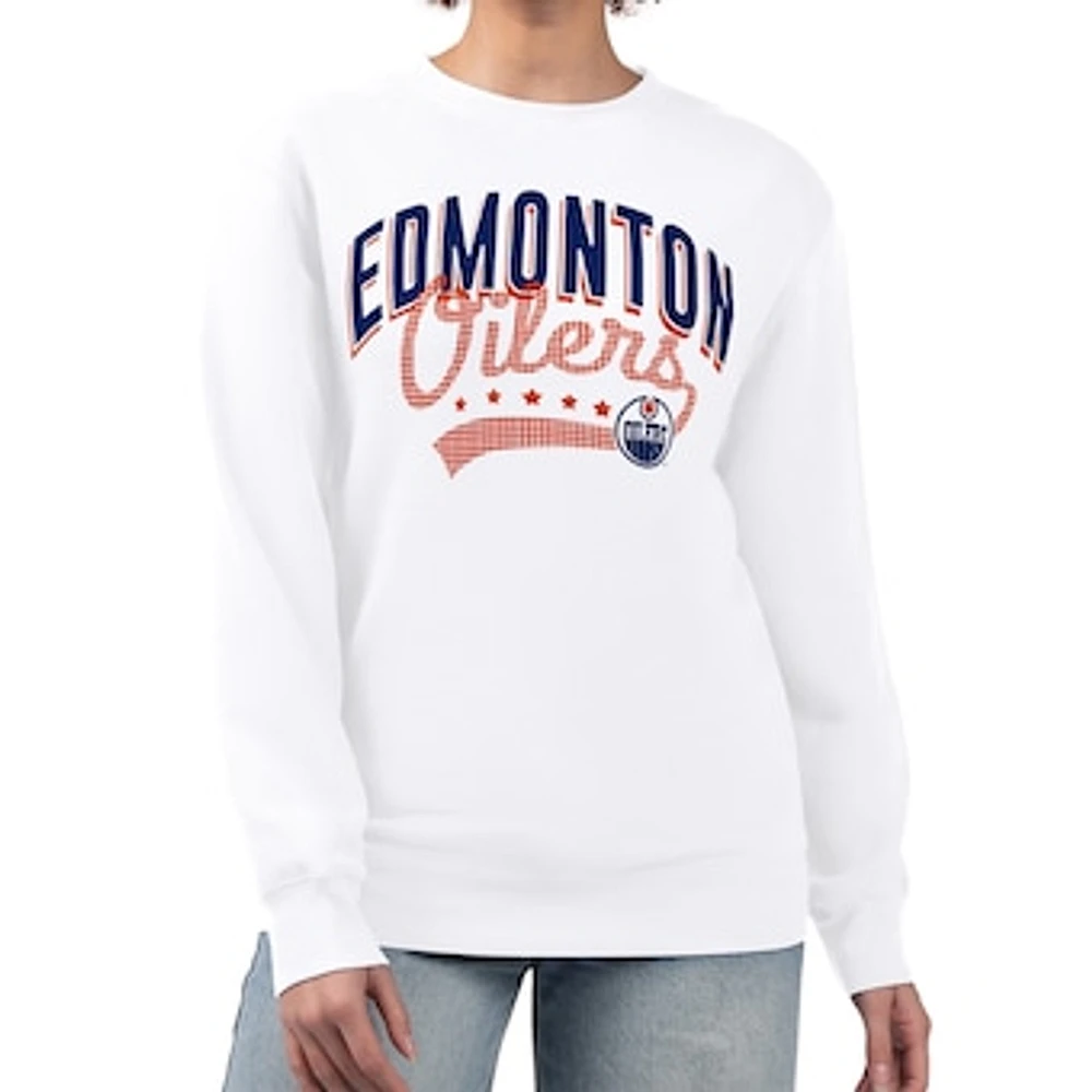 Women's G-III 4Her by Carl Banks White Edmonton Oilers Filigree Team Graphic Fleece Pullover Sweatshirt