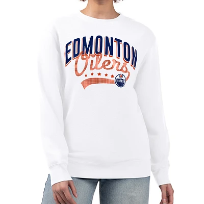 Women's G-III 4Her by Carl Banks White Edmonton Oilers Filigree Team Graphic Fleece Pullover Sweatshirt