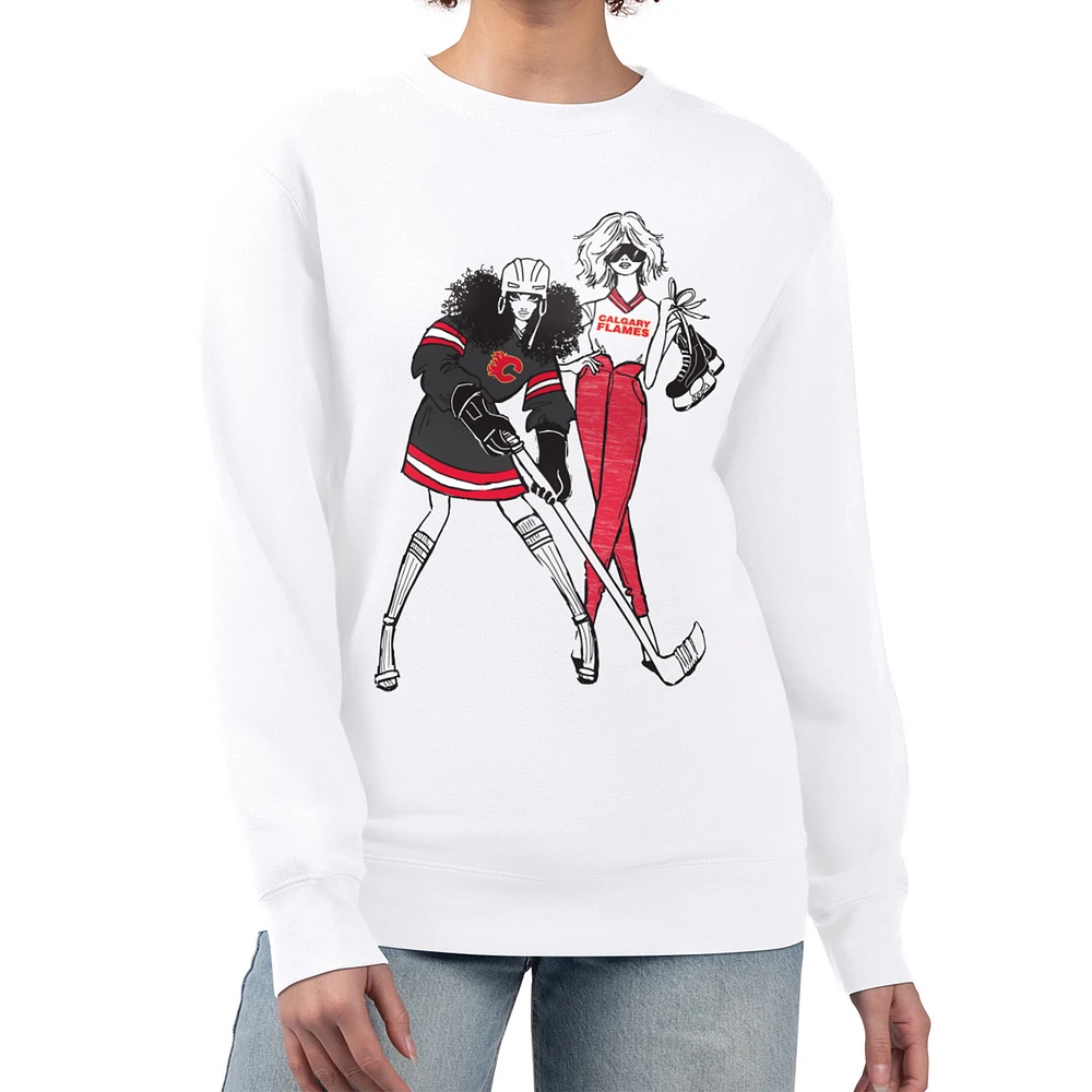 Women's G-III 4Her by Carl Banks White Calgary Flames Hockey Girls Team Graphic Fleece Pullover Sweatshirt