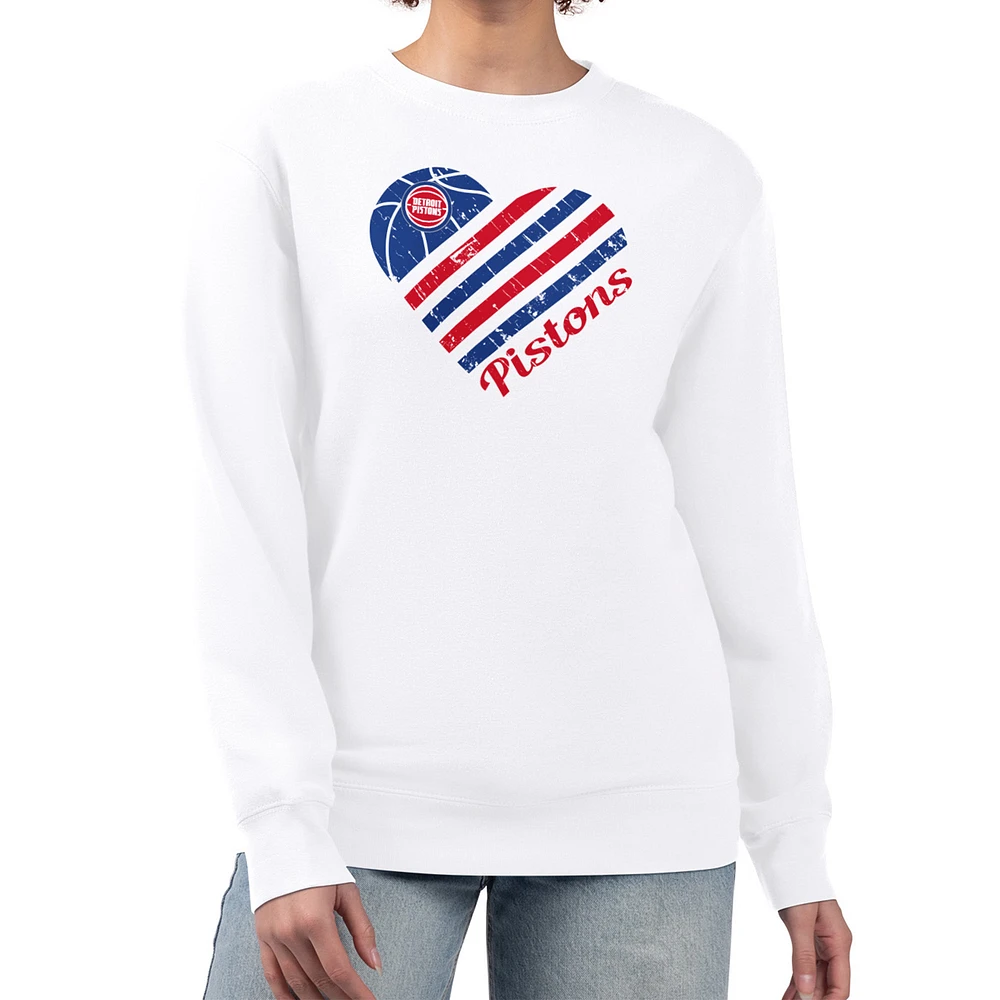 Women's G-III 4Her by Carl Banks White Detroit Pistons Heart Graphic Fleece Pullover Sweatshirt