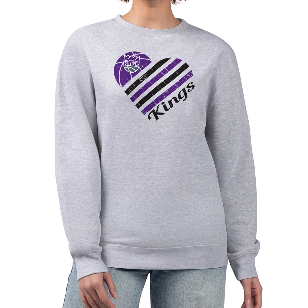 Women's G-III 4Her by Carl Banks Heather Gray Sacramento Kings Heart Graphic Fleece Pullover Sweatshirt