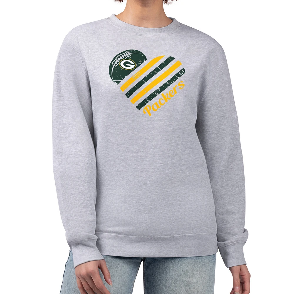 Women's G-III 4Her by Carl Banks Heather Gray Green Bay Packers Heart Graphic Fleece Pullover Sweatshirt