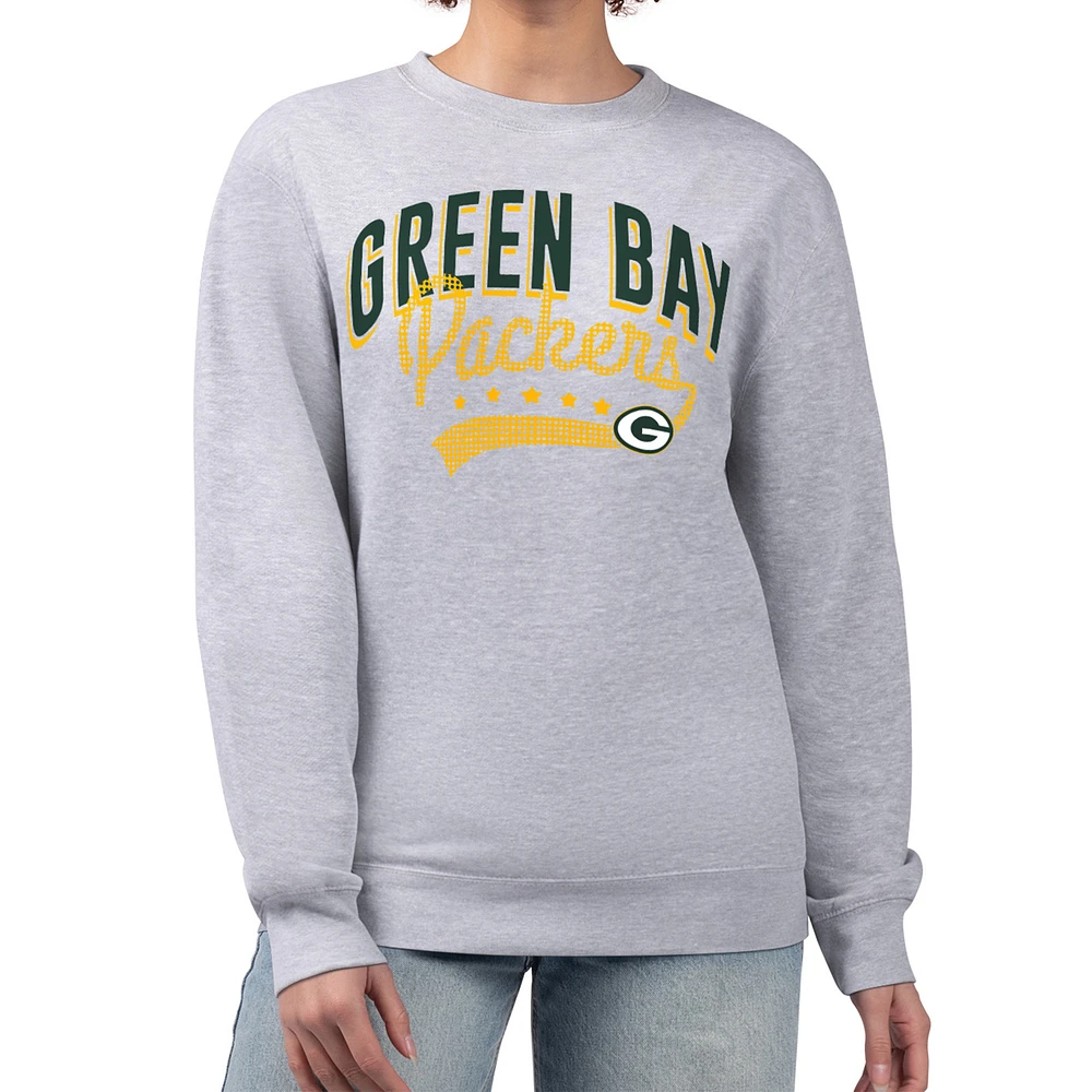 Women's G-III 4Her by Carl Banks Heather Gray Green Bay Packers Filigree Logo Graphic Fleece Pullover Sweatshirt