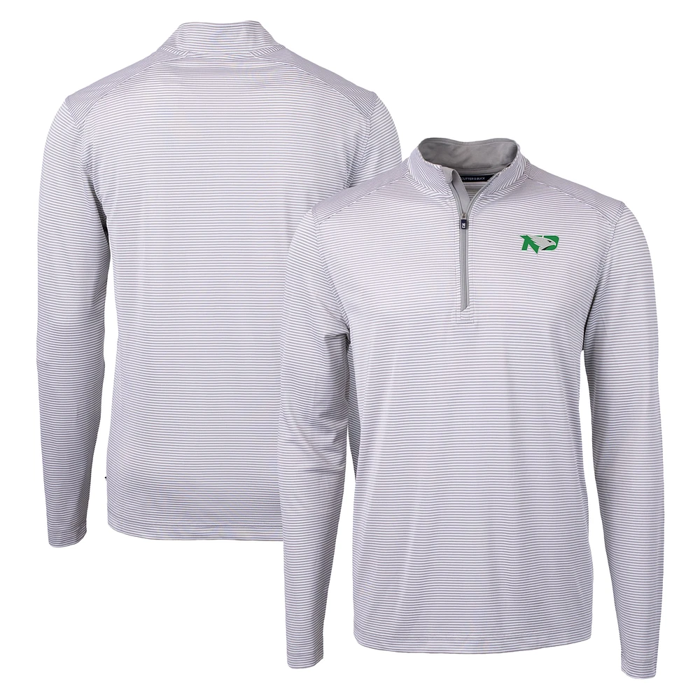 Men's Cutter & Buck Gray North Dakota Virtue Eco Pique Micro Stripe Recycled Quarter-Zip Pullover Top