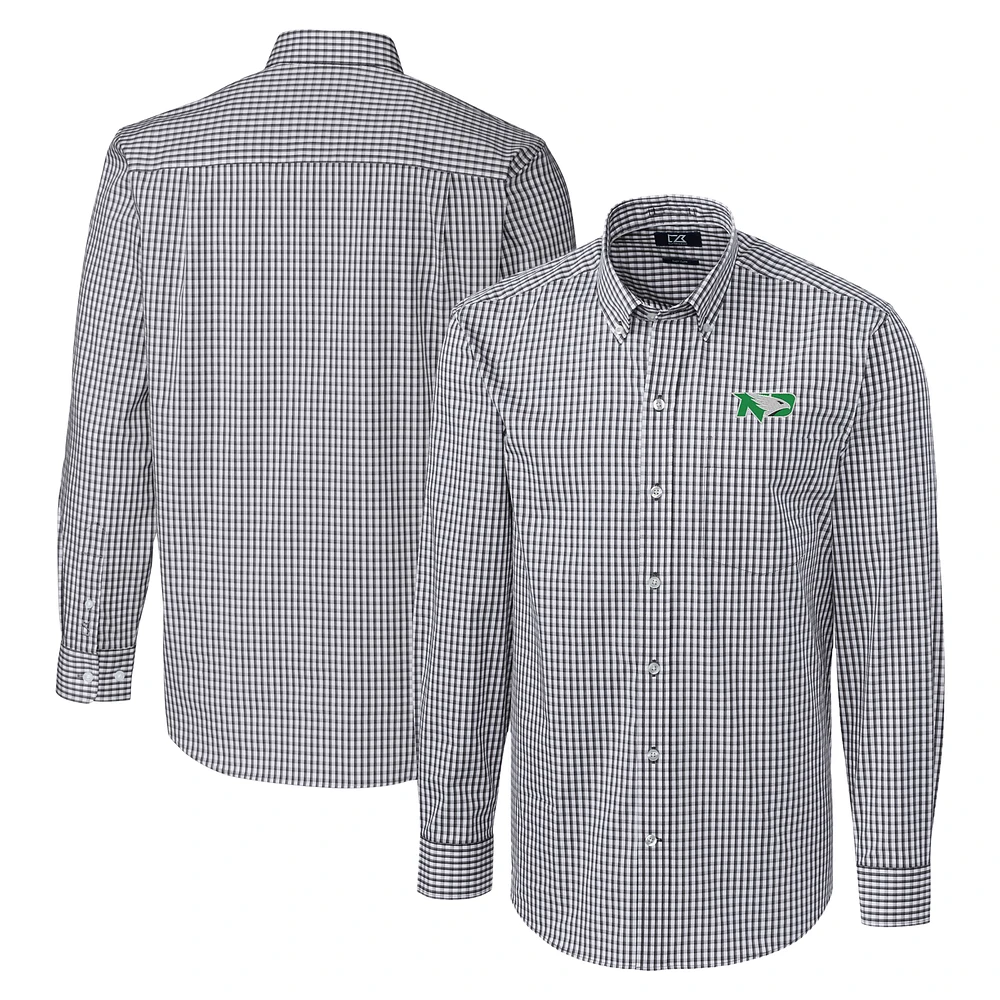 Men's Cutter & Buck Charcoal North Dakota Easy Care Stretch Gingham Long Sleeve Dress Shirt