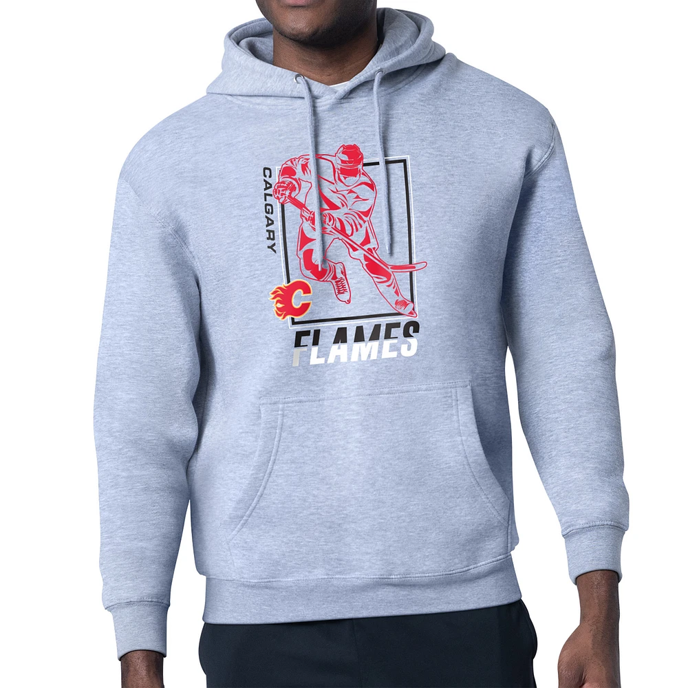 Men's Starter Heather Gray Calgary Flames Player Grid Fleece Pullover Hoodie