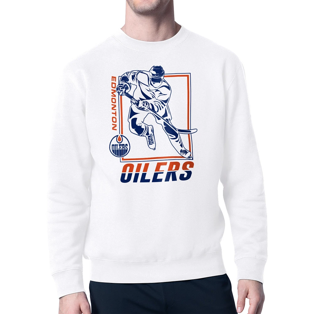 Men's Starter White Edmonton Oilers Player Grid Fleece Pullover Sweatshirt